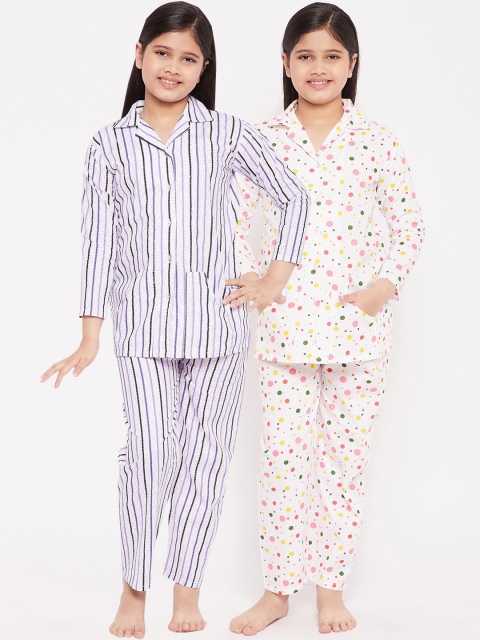 

KYDZI Girls White & Purple Set Of 2 Printed Cotton Night suit