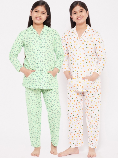 

KYDZI Girls Set Of 2 Green & White Printed Pure Cotton Night suit