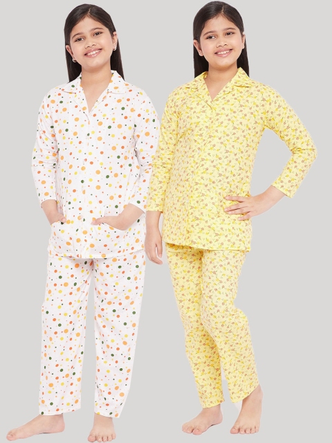 

KYDZI Girls White & Yellow Printed Night suit