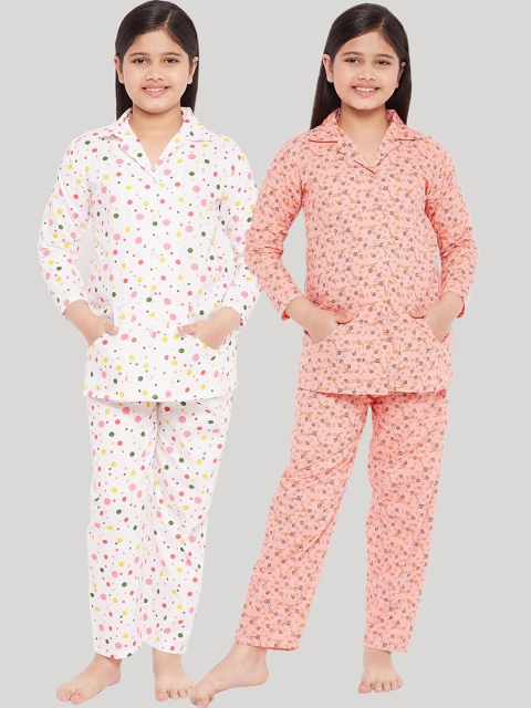 

KYDZI Girls White & Peach-Coloured Printed Pure Cotton Night suit Pack Of 2