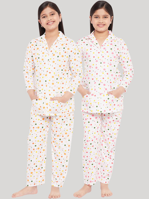 

KYDZI Girls Pack of 2 White & Pink Printed Pure Cotton Night suit
