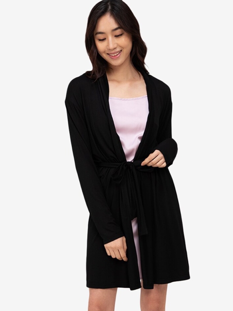 

ZALORA BASICS Women Black Lounge Open Front Wrap Robe