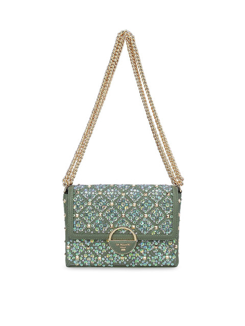 

Da Milano Green Embellished Leather Structured Sling Bag