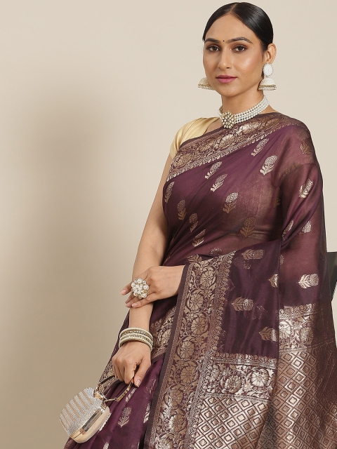 

Mitera Purple & Golden Ethnic Motifs Zari Cotton Blend Banarasi Saree
