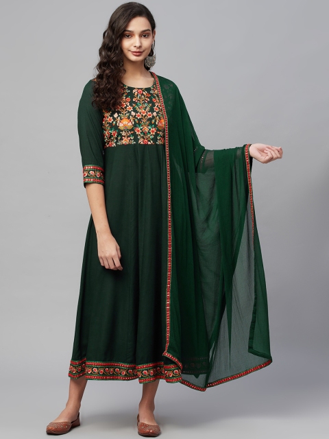 

AMIRAS INDIAN ETHNIC WEAR Green Ethnic Motifs Embroidered Midi Dress With Dupatta