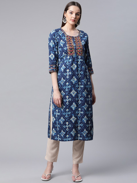

AMIRAS INDIAN ETHNIC WEAR Women Blue Printed Regular Pure Cotton Kurta with Trousers