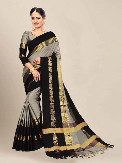 

VAIVIDHYAM Silver-Toned & Black Woven Design Zari Pure Cotton Banarasi Saree