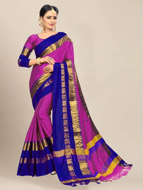 

VAIVIDHYAM Pink & Blue Ethnic Motifs Zari Pure Cotton Banarasi Saree