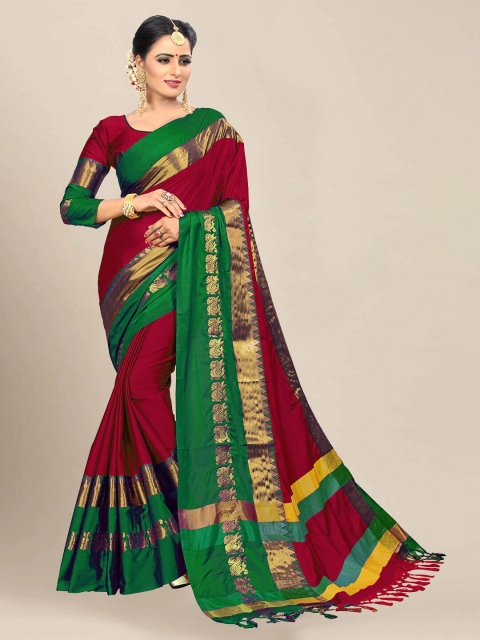 

VAIVIDHYAM Red & Green Zari Silk Cotton Banarasi Saree