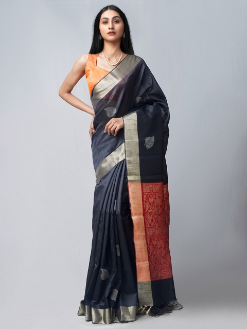 

Unnati Silks Black & Red Woven Design Zari Linen Blend Jamdani Saree