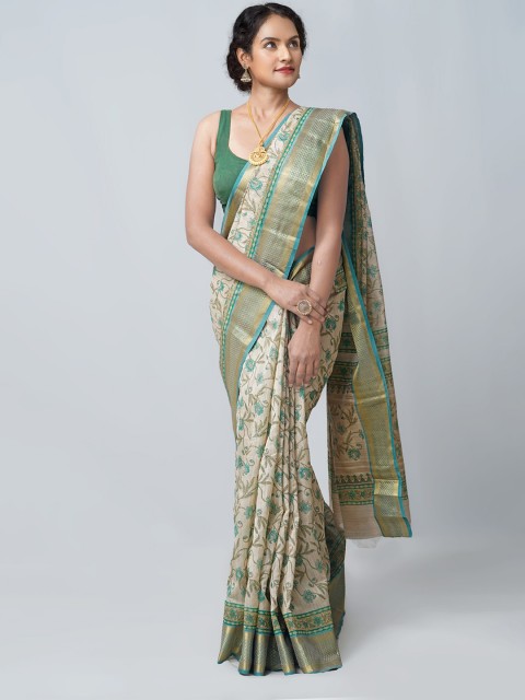 

Unnati Silks Cream-Coloured & Green Floral Zari Silk Blend Tussar Saree