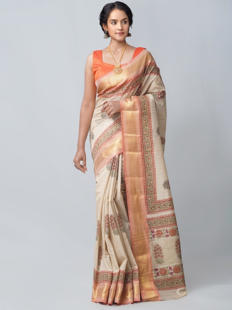 

Unnati Silks Orange & Beige Ethnic Motifs Zari Silk Blend Tussar Saree