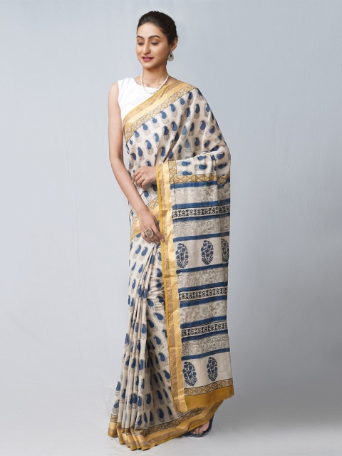 

Unnati Silks Cream-Coloured & Blue Ethnic Motifs Pure Cotton Block Print Saree