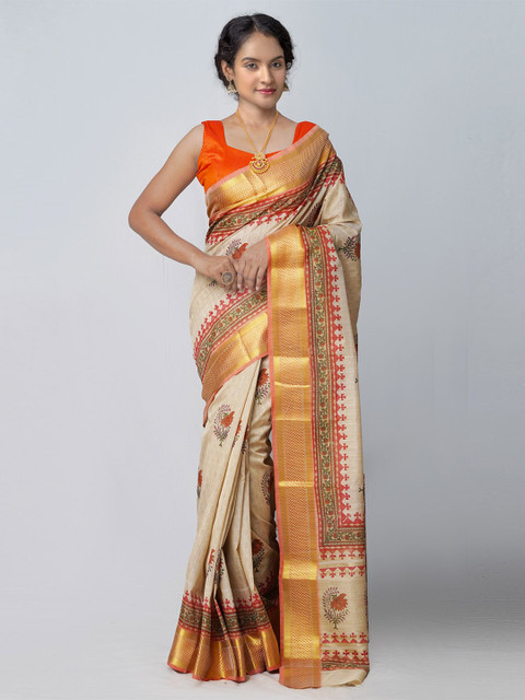 

Unnati Silks Cream-Coloured & Red Ethnic Motifs Zari Silk Blend Tussar Saree