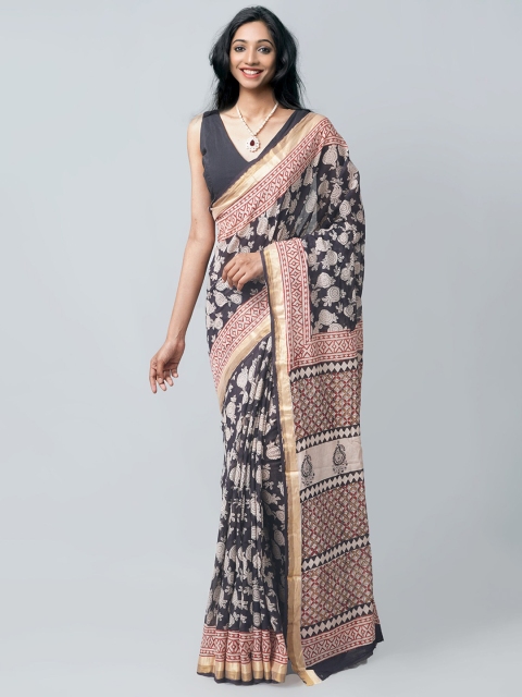 

Unnati Silks Black & Red Ethnic Motifs Handloom & Sustainable Pure Cotton Block Print Saree