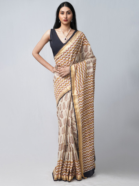 

Unnati Silks Cream-Coloured & Black Ethnic Motifs Pure Cotton Block Print Saree