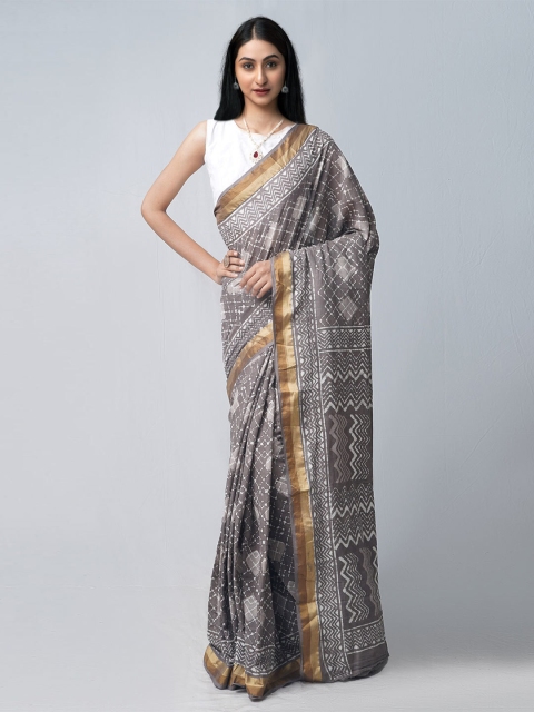 

Unnati Silks Grey & White Zari Handloom Sustainable Pure Cotton Block Print Saree