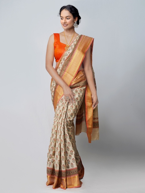 

Unnati Silks Cream-Coloured & Red Ethnic Motifs Printed Zari Silk Blend Tussar Saree