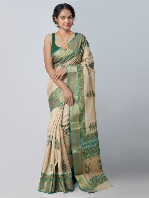 

Unnati Silks Cream-Coloured & Green Ethnic Motifs Zari Silk Blend Tussar Saree