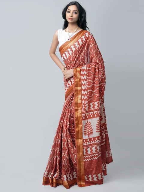 

Unnati Silks Maroon & White Ethnic Motifs Pure Cotton Block Print Saree