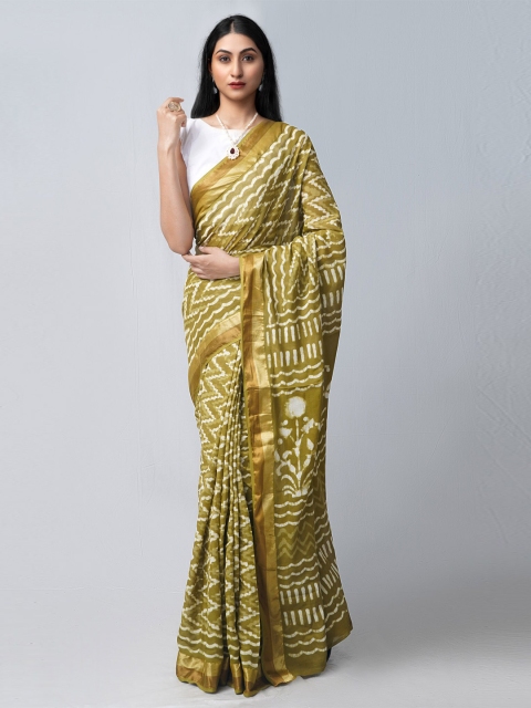 

Unnati Silks Green & White Ethnic Motifs Block Print Mulmul Cotton Saree