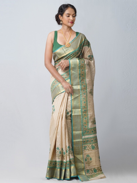 

Unnati Silks Cream-Coloured & Blue Ethnic Motifs Zari Silk Blend Tussar Saree