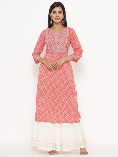 

JAVTA Women Pink Chevron Printed Cotton Kurta