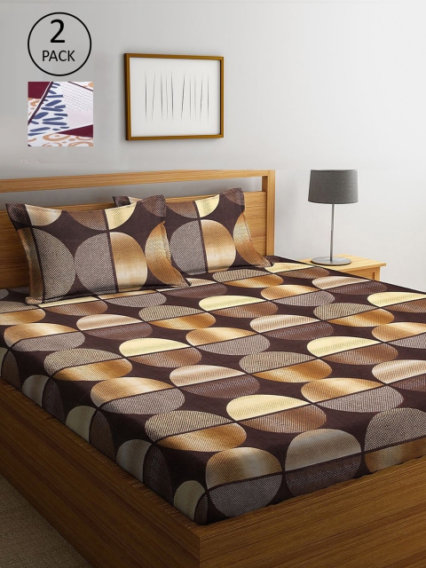 

KLOTTHE Brown & Grey Geometric 210 TC 2 King Bedsheets with 4 Pillow Covers