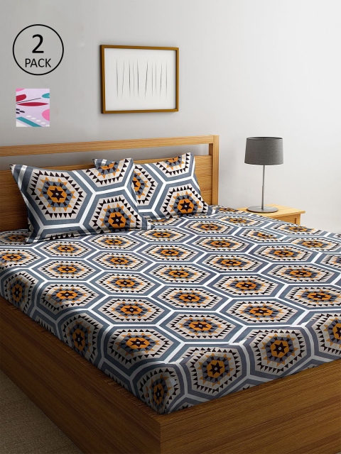 

KLOTTHE Grey & Lavender Printed 210 TC 2 King Bedsheets with 4 Pillow Covers