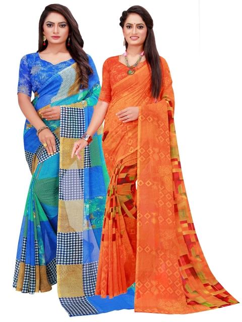 

Florence Orange & Blue Geometric Print Pack of 2 Pure Georgette Saree