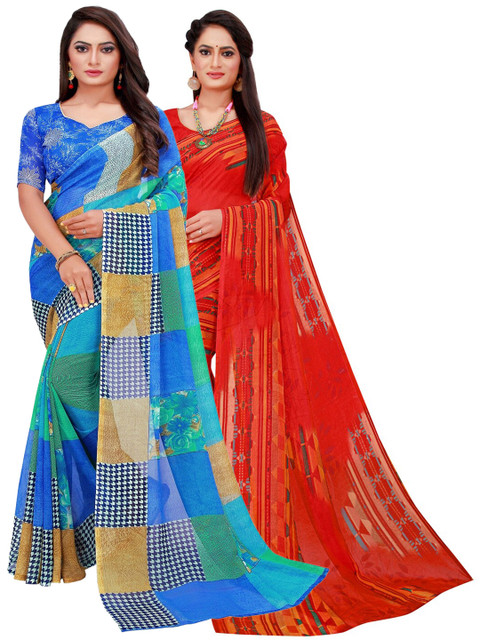 

Florence Blue & Red Printed Pure Georgette Saree
