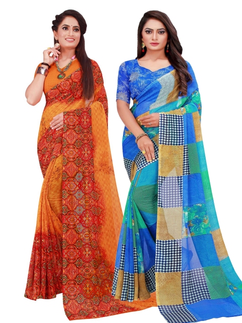 

Florence Orange & Blue Printed Pure Georgette Saree