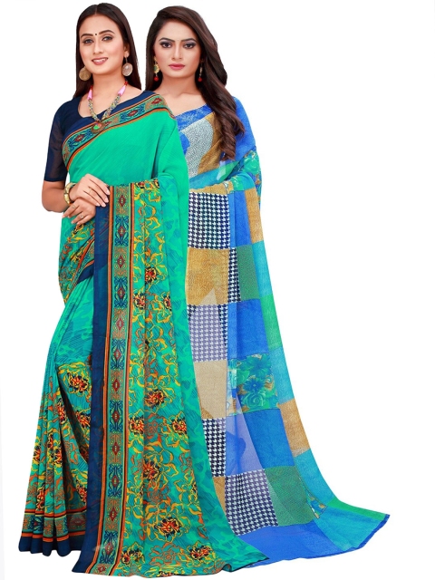 

Florence Green & Blue Printed Pure Georgette Saree