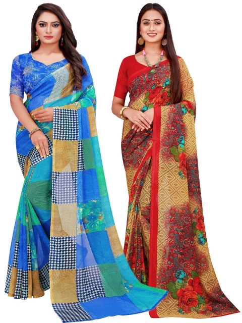 

Florence Blue & Beige Printed Pure Georgette Saree