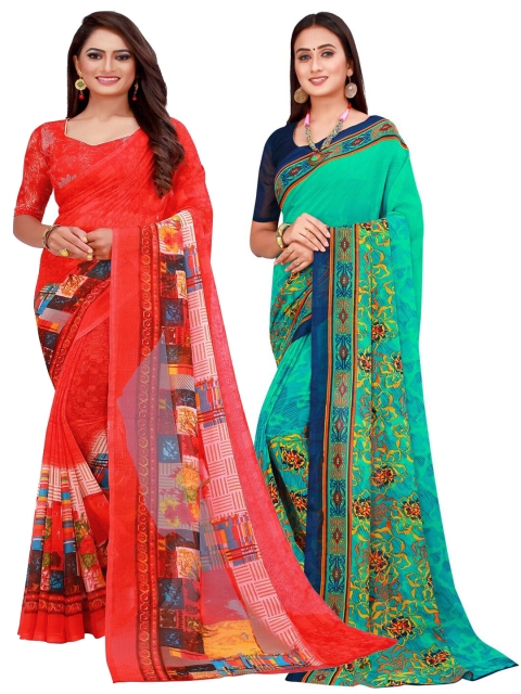 

KALINI Green & Red Printed Pure Georgette Saree