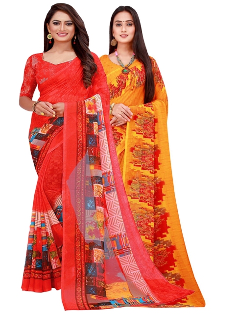 

KALINI Yellow & Red Printed Pure Georgette Saree