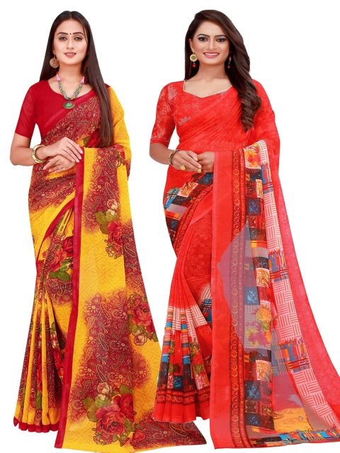 

KALINI Red & Yellow Printed Pure Georgette Saree
