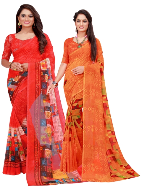 

KALINI Orange & Red Printed Pure Georgette Saree