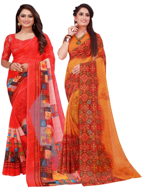 

KALINI Orange & Red Printed Pure Georgette Saree