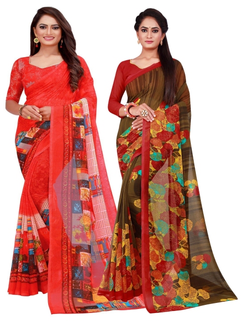 

KALINI Red & Green Printed Pure Georgette Saree
