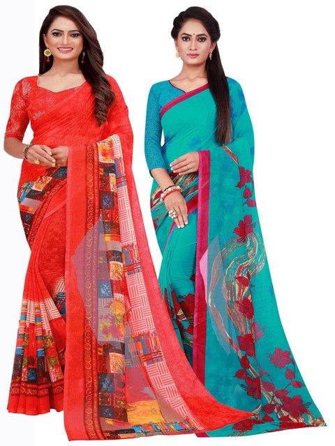 

KALINI Red & Teal Printed Pure Georgette Saree