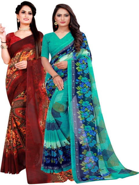 

KALINI Turquoise Blue & Maroon Printed Pure Georgette Saree