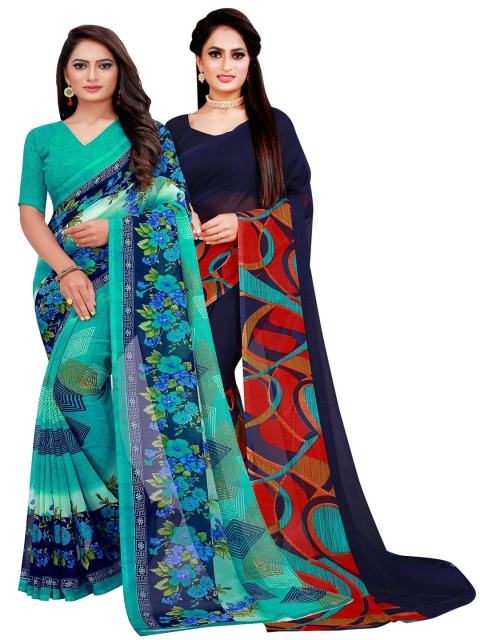 

KALINI Navy Blue & Green Printed Pure Georgette Saree