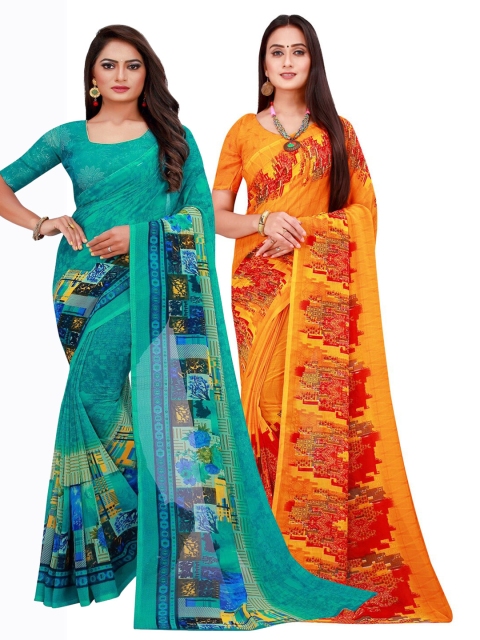 

KALINI Orange & Blue Printed Pure Georgette Saree