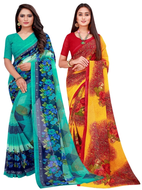 

KALINI Turquoise Blue & Maroon Printed Pure Georgette Saree