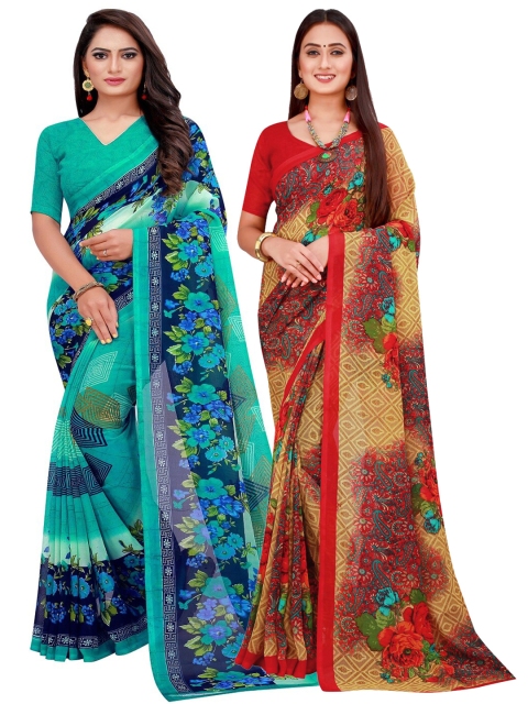 

KALINI Turquoise Blue & Beige Printed Pure Georgette Saree