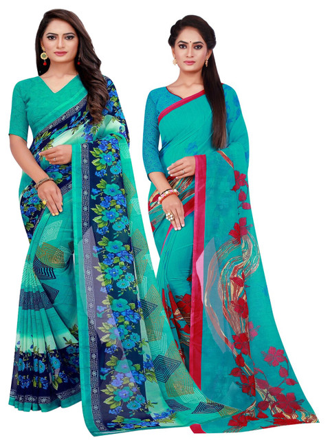 

KALINI Turquoise Blue & Green Printed Pure Georgette Saree
