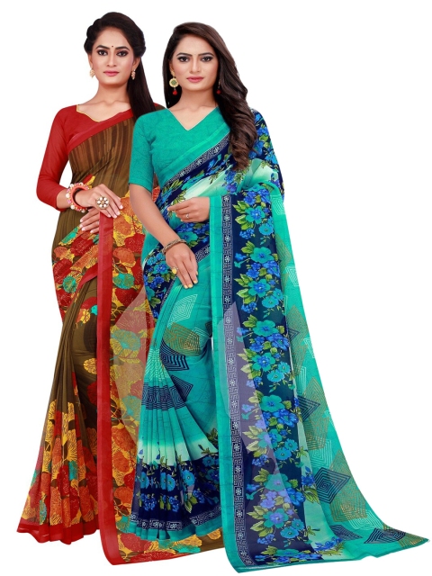 

KALINI Turquoise Blue & Brown Printed Pure Georgette Saree