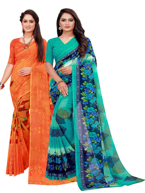 

KALINI Orange & Turquoise Blue Printed Pure Georgette Saree