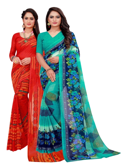 

KALINI Turquoise Blue & Red Printed Pure Georgette Saree